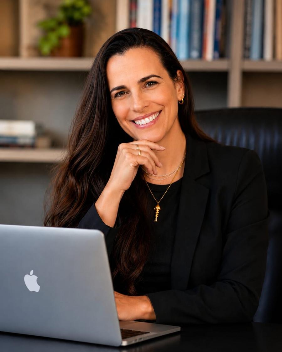 Ericka Gordiano em seu escritório, sorrindo em frente ao notebook